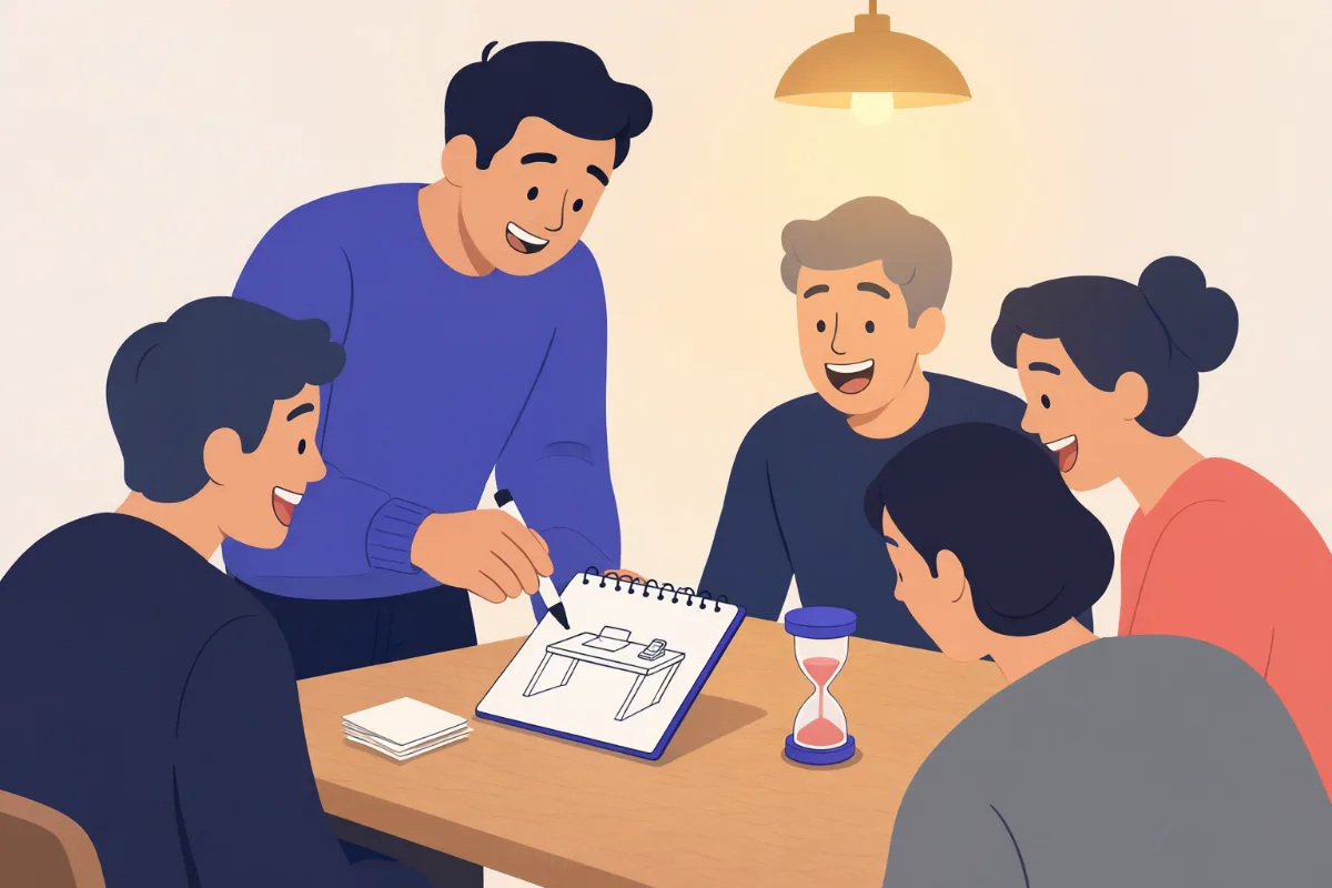 Illustration of five adults laughing around a table while one standing player sketches an office desk on a flip pad beside an hourglass timer