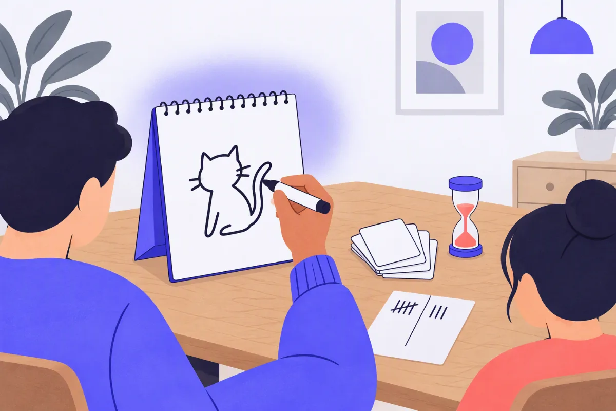 Illustration of two players at a wooden table: one draws a cat on an upright spiral sketch pad while an hourglass timer, a stack of word cards and a tally sheet sit between them
