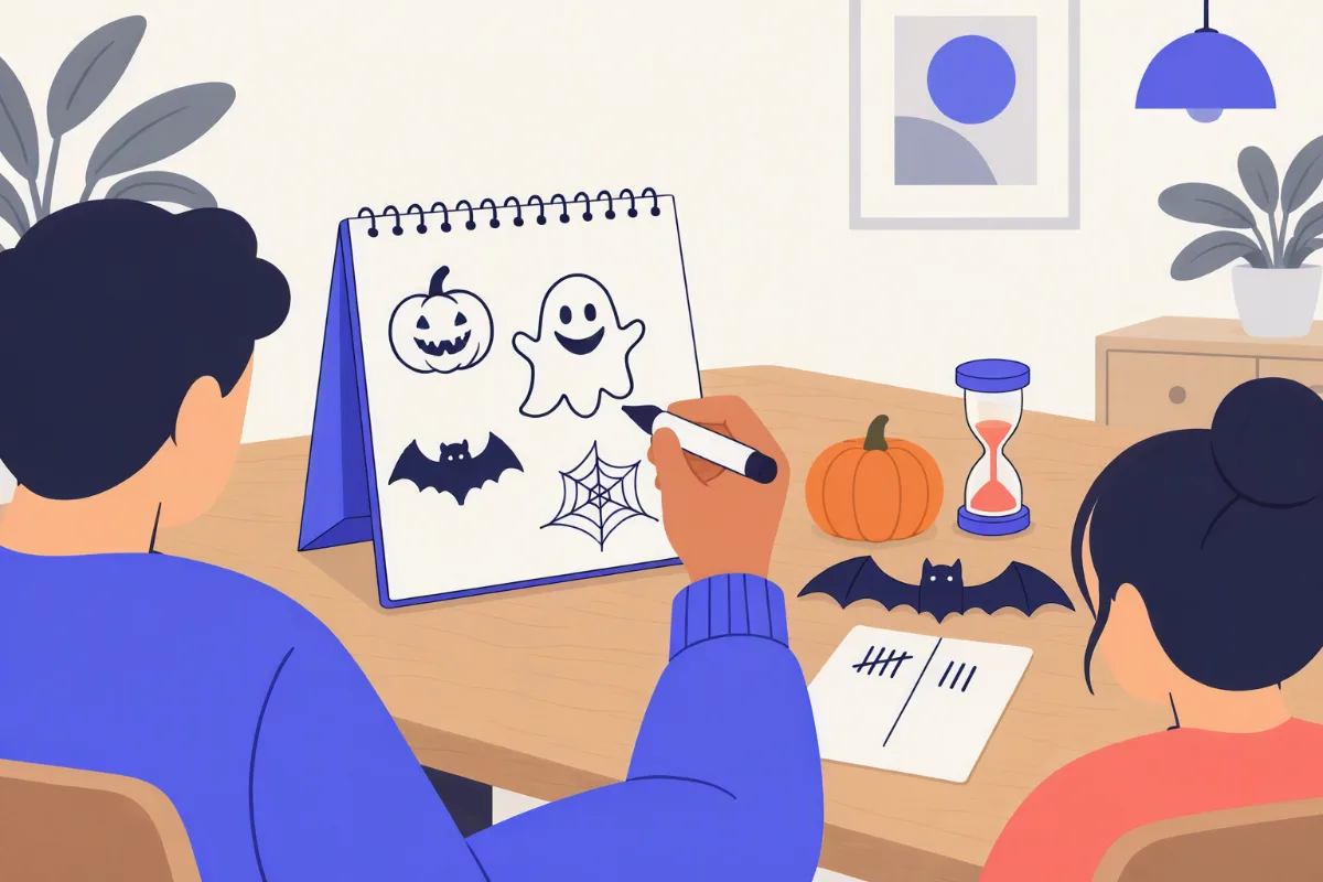 Illustration of a player drawing Halloween icons — a jack-o'-lantern, a ghost, a bat and a spider web — on a sketch pad next to a pumpkin and an hourglass timer