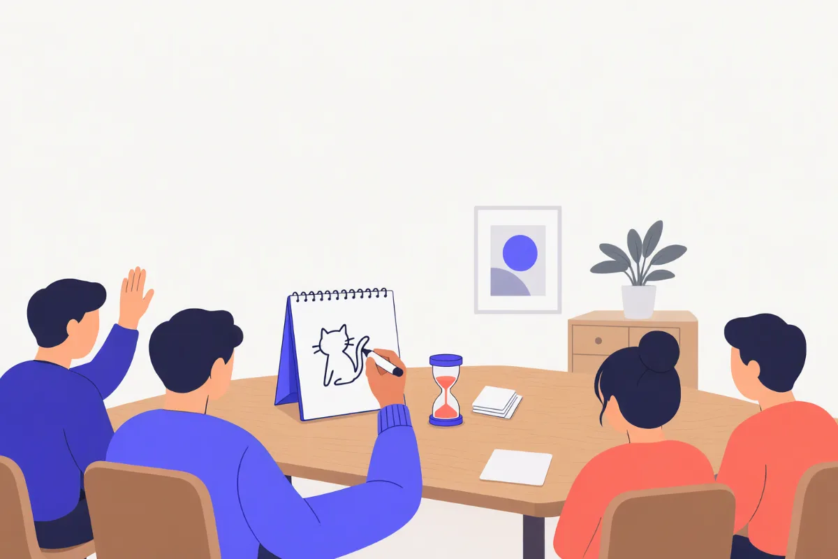 Illustration of a group around a table playing Pictionary: one player draws a cat on an easel pad while a teammate raises a hand to shout the guess