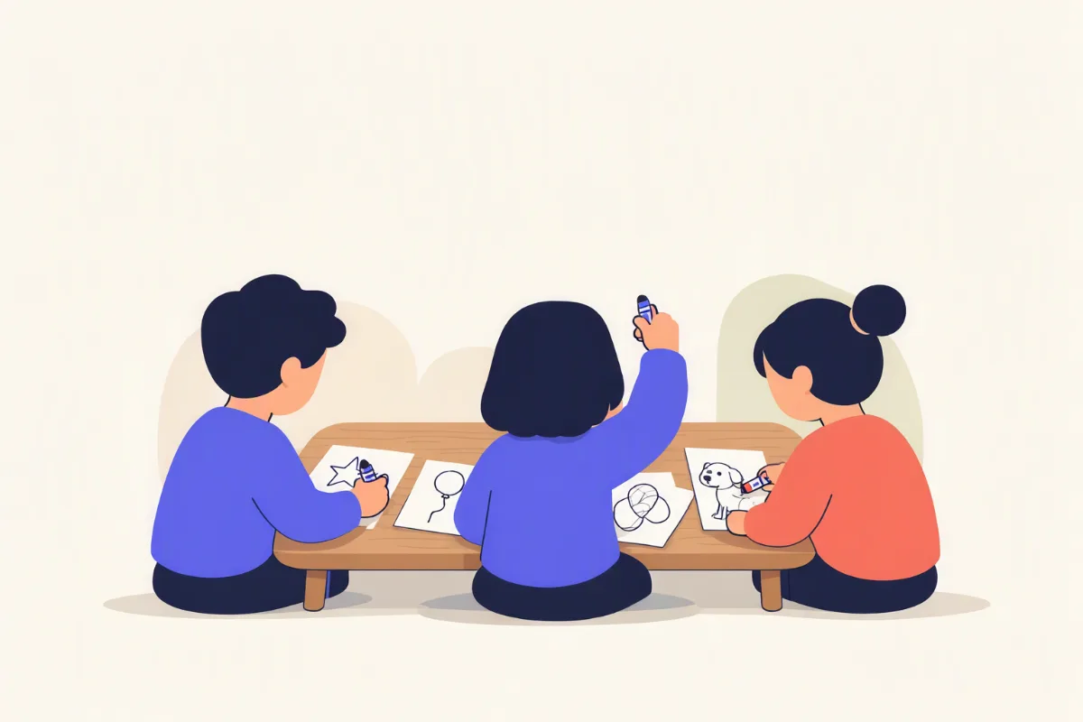 Illustration of three children sitting around a low table drawing a star, a balloon and a dog on paper while one raises a marker in celebration